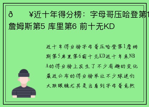 🔥近十年得分榜：字母哥压哈登第1 詹姆斯第5 库里第6 前十无KD